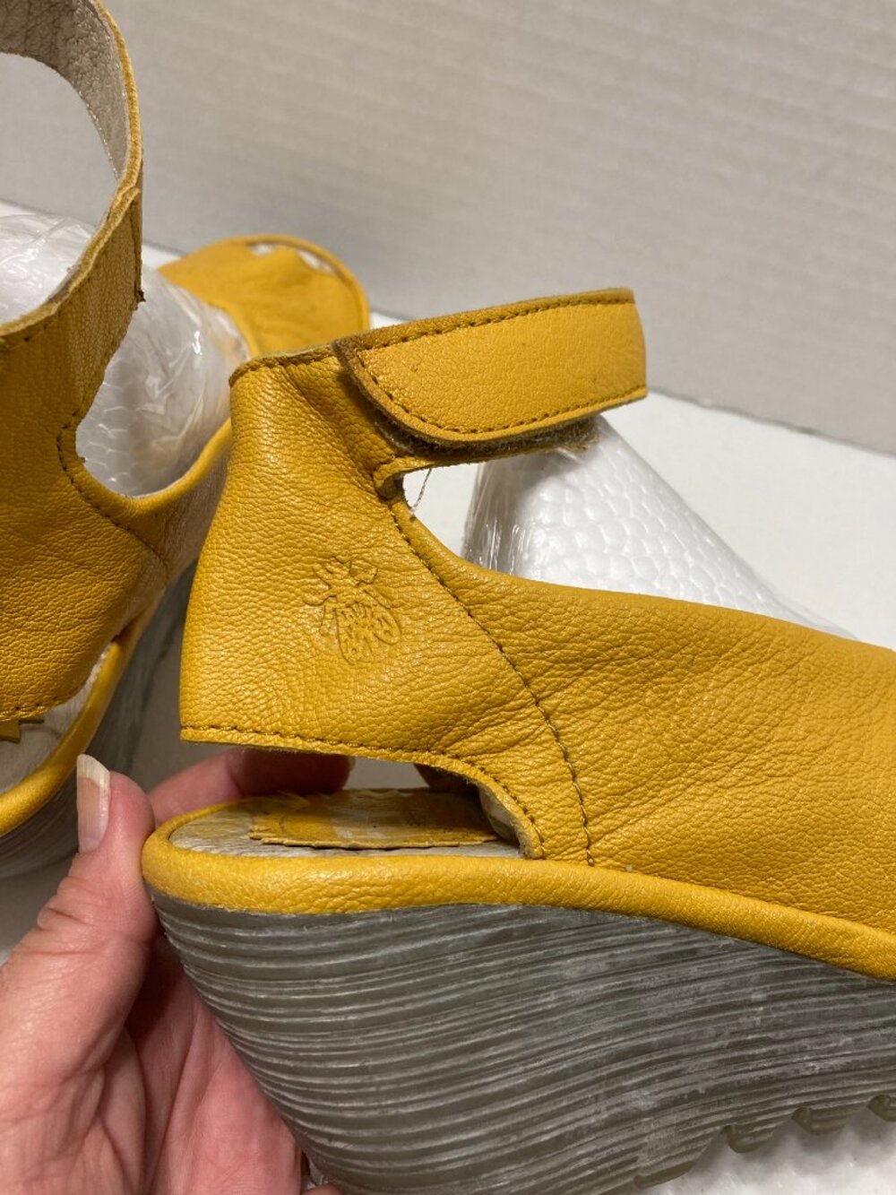 Fly London Yala Wedge Sandals Yellow Leather Peep Toe Ankle Strap Size 36 - Picture 7 of 14